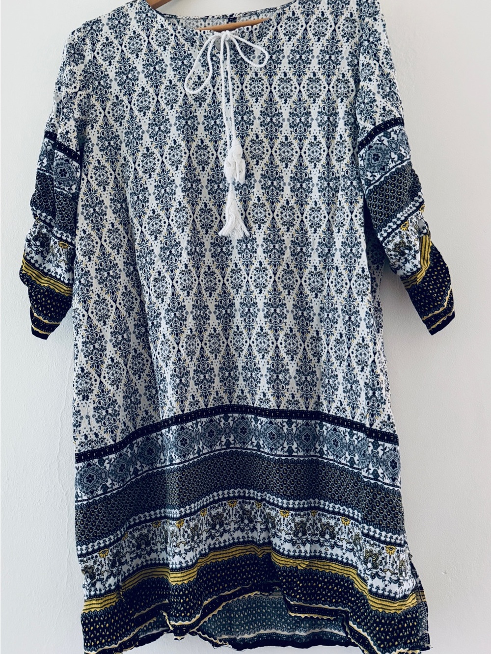 Boho Tassel Tie Tunic Dress in Black and White with Mustard Accents